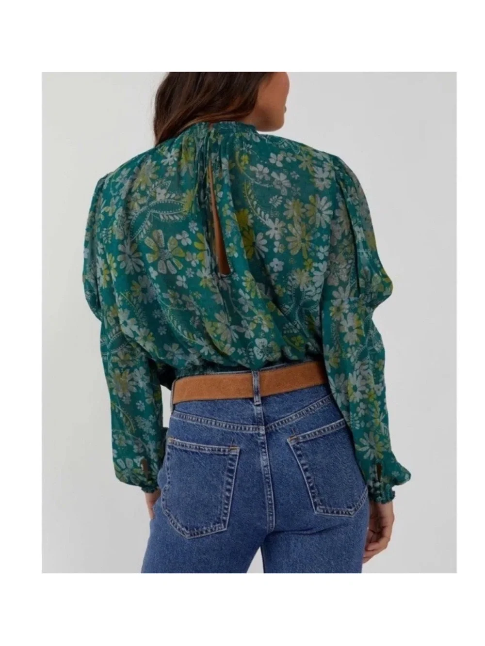 Free People Clarissa Green Sea Floral Puff-Sleeve Blouse